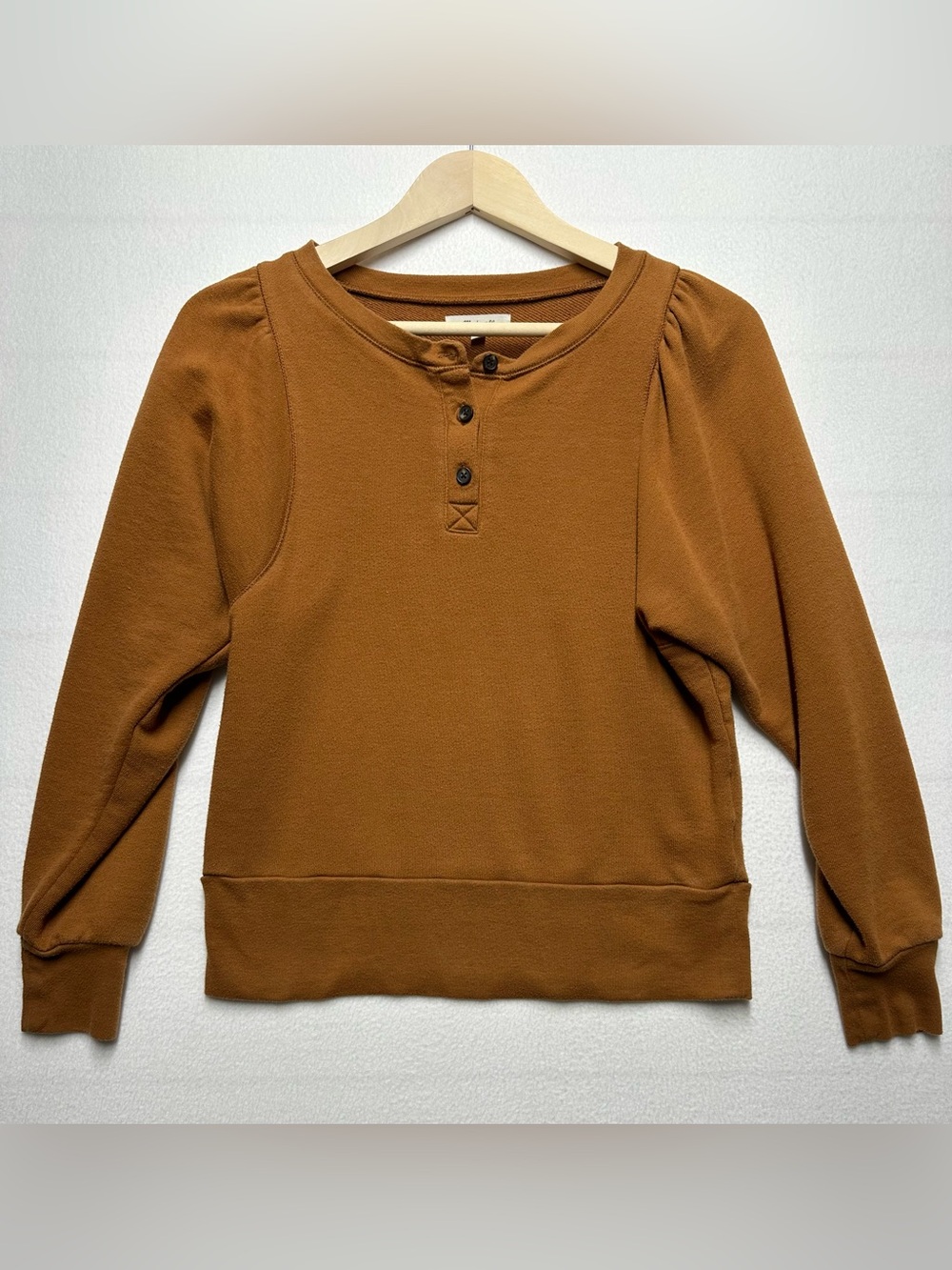 Madewell XS Brown Puff Sleeve Henley Sweatshirt Cotton Blend Pullover